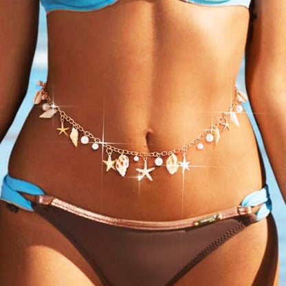 BODIY Seashell Waist Body Chain Starfish Belly Chain Jewelry for Women | Gold Bikini Waist Chain Mermaid Custom Accessories Layered Summer Beach Chain Adjustable for Party Vacation Fashion - color: Gold