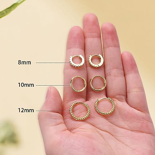 micuco 3 Pairs Small Gold Hoop Huggie Earrings Set for Women Men Tendy | 14K Gold Plated Small Huggie Hoop Earrings for Men, Tiny Cartilage Hypoallergenic Earring Set - style: C# CZ Gold 8-10-12mm