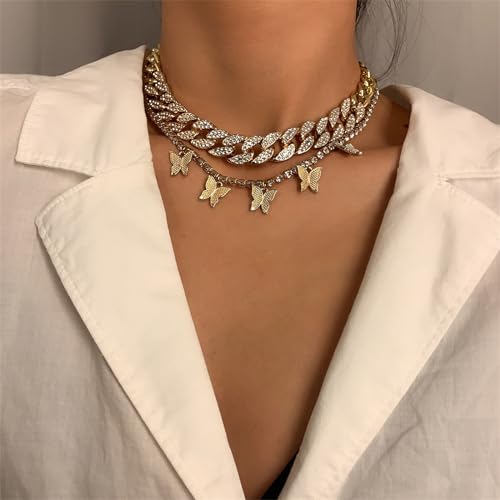 2Pcs Layered Hip Hop Shiny Rhinestone Bead Chunky Chain Butterfly Pendant Necklace Punk Crystal Cuban Link Chain Choker Collar Necklace for Women Party Birthday BarJewelry Gift - color: G gold-3