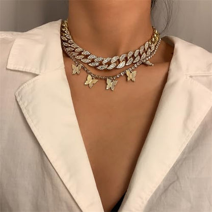 2Pcs Layered Hip Hop Shiny Rhinestone Bead Chunky Chain Butterfly Pendant Necklace Punk Crystal Cuban Link Chain Choker Collar Necklace for Women Party Birthday BarJewelry Gift - color: G gold-3