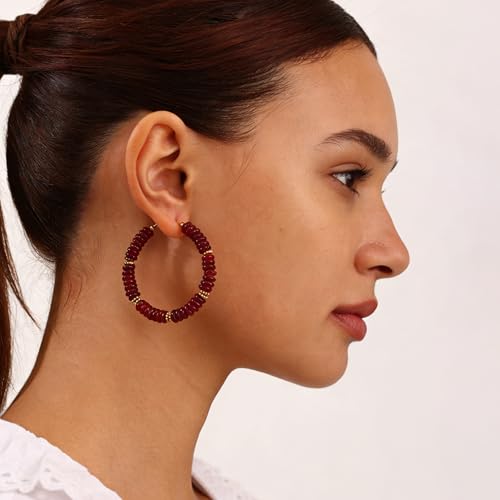 Wellike Beaded Hoop Earrings for Women Natural Stone Pink Gold Huggie Earrings Hypoallergenic Dainty Waterproof Trendy Jewelry - color: Burgundy, size: 50mm