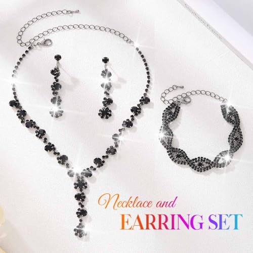Silver Wedding Jewelry Sets Rhinestone Necklace Earrings Bracelet Set Prom Formal Costume Jewelry for Women and Brides - color: Black