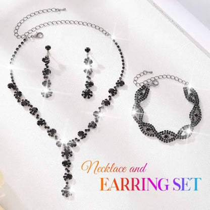 Silver Wedding Jewelry Sets Rhinestone Necklace Earrings Bracelet Set Prom Formal Costume Jewelry for Women and Brides - color: Black