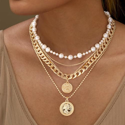MJartoria Layered Necklaces for Women Trendy Retro Coin Pendant | Dainty Chunky Chain, Choker Necklaces, Jewelry Birthday Gifts - color: Golden, style: Pearl-3PCS