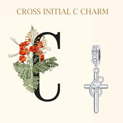 PROESS Initial Cross Charm 925 Sterling Silver Letter A B C Pendant Dangle Charm Beads for Bracelet Initial Cross Jewelry Gifts for Women - style: 3-C