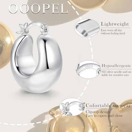 OOOPEL Gold Hoop Earrings for Women,925 Sterling Silver Chunky Hoop Earrings Hypoallergenic Lightweight 14K Gold Plated Thick Gold Hoops for Women 22mm 26mm - color: Silver-22MM
