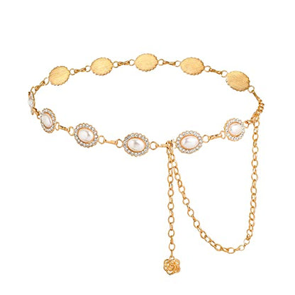 WELROG Metal Waist Chain Belt for Women - Pearls Gold Silver Chain Belts for Dresses Jeans - color: Oval Pearl - Gold