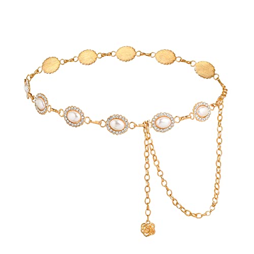 WELROG Metal Waist Chain Belt for Women - Pearls Gold Silver Chain Belts for Dresses Jeans - color: Oval Pearl - Gold