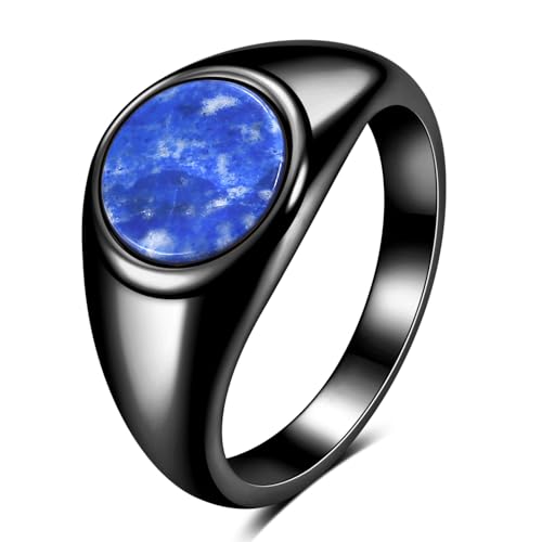 MYNENEY Stainless Steel Round Shape Classical Simple Plain Wedding Engagement Statement Pinky Band Signet Rings for Men Women Size 4-15 - color: Lapis lazuli-Black
