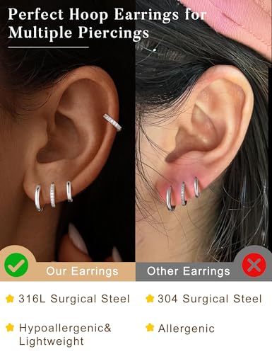 M MOOHAM Huggie Hoop Earrings for Women Teen Girls, 14K Gold Plated | Hypoallergenic Earring Set for Sensitive Ears, Small Huggie Hoops, Dainty Earrings Stack, Trendy Jewelry Gifts - color: Silver