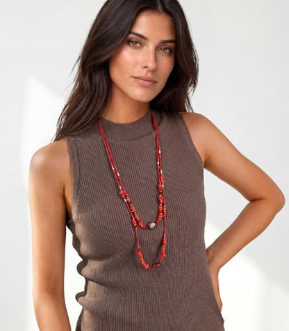 Noessla Boho Long Beaded Necklaces for Women Double Layer Chunky Irregular Stone Beads Strand Statement Jewelry Mothers Day Gifts - color: Red