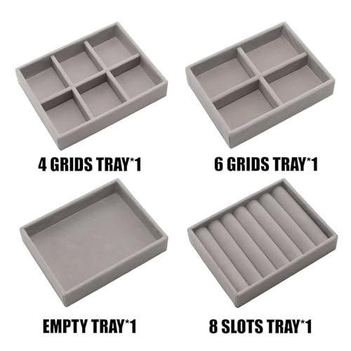 Small Jewelry Tray Set 4 Pcs Grey Velvet Stackable Jewelry Organizer Tray Mini Jewelry Drawer Organizer for Necklace Ring Earrings Jewelry (4 Styles) - color: Grey