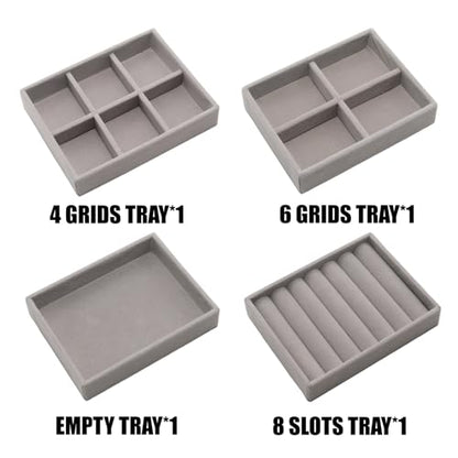 Small Jewelry Tray Set 4 Pcs Grey Velvet Stackable Jewelry Organizer Tray Mini Jewelry Drawer Organizer for Necklace Ring Earrings Jewelry (4 Styles) - color: Grey