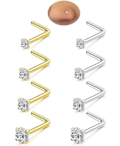 8PCS 18G 20G 22G Nose Studs, Hypoallergenic L Shaped Nose Rings Set | Gold/silver styles, 316L Surgical Stainless Steel, CZ sizes 1.5-3mm, secure fit for sensitive skin and daily wear - color: 20G L-Shaped Gold/Silver
