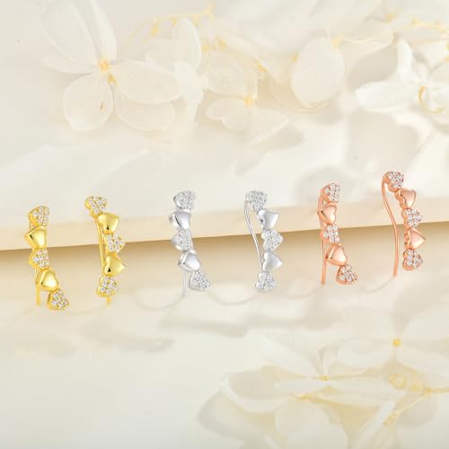 Heart Climber Earrings for Women 925 Sterling Silver White/Yellow/Rose Gold Plated Cubic Zirconia Ear Crawler Earrings Jewelry - color: Rose