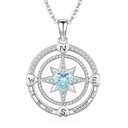 Compass Birthstone Necklace for Women S925 Sterling Silver with Cubic Zirconia - Birthday Jewelry gift for her, Girlfriend, Wife, Mom on Birthday, Anniversary - color: 03 - Aquamarine