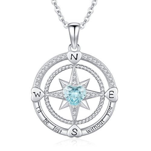 Compass Birthstone Necklace for Women S925 Sterling Silver with Cubic Zirconia - Birthday Jewelry gift for her, Girlfriend, Wife, Mom on Birthday, Anniversary - color: 03 - Aquamarine