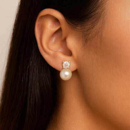 Pearl Clip on Earrings for Women - 14K Gold Silver Plated Cubic Zirconia Non Pierced Ear Clips Jewelry Gifts for Wedding Bridal Party Gifts - color: Silver-12mm
