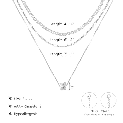OGD Layered CZ Rondelle Pendant Necklaces for Women, 14K Gold Plated Trendy Mariner Chain Dainty Circle Rondelle Pendant Choker Necklace for Women Two-Toned Cubic Zirconia Gold Necklace - color: Silver Rondelle Layered-3PCS