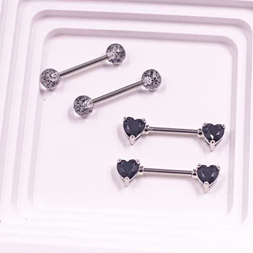 VERAMI 14G Stainless Steel Heart Nipple Rings and Barbell - Butterfly, Starlight Acrylic Ball, Tongue Rings for Women and Men - color: T-BLACK-CZ