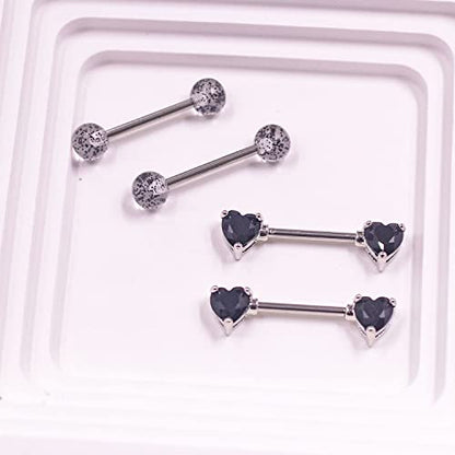 VERAMI 14G Stainless Steel Heart Nipple Rings and Barbell - Butterfly, Starlight Acrylic Ball, Tongue Rings for Women and Men - color: T-BLACK-CZ