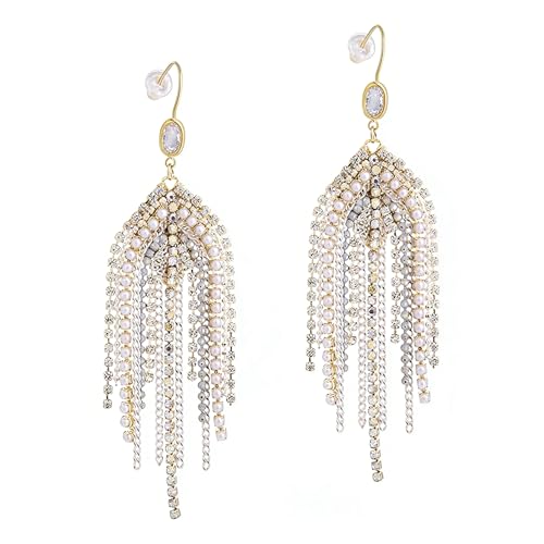 Fringe Dangling Tassel Earrings for Women, Handcrafted Chandelier Long Bohemian Beaded Cubic Zirconia Crystal Imitation Pearls Inlay Statement Boho Chain Hook Earrings for Wedding Party - color: White