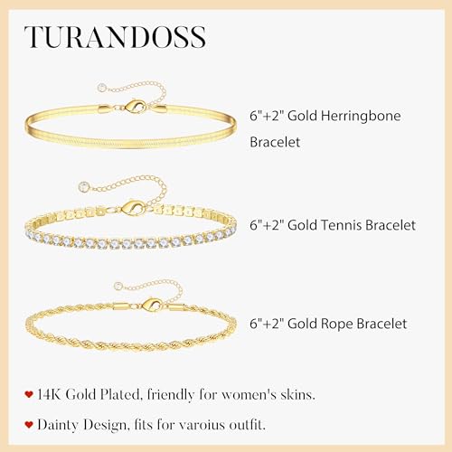 Turandoss Gold Bracelets for Women - Dainty 14K Gold Plated Tennis Bracelet | Stackable Cross Beaded Set, Twisted Rope Chain, Snake Paperclip Chain, Knot Cuff Bracelets for Women, Jewelry Gifts - color: Snake Tennis Set
