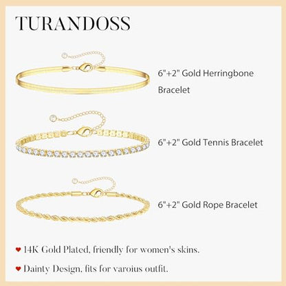 Turandoss Gold Bracelets for Women - Dainty 14K Gold Plated Tennis Bracelet | Stackable Cross Beaded Set, Twisted Rope Chain, Snake Paperclip Chain, Knot Cuff Bracelets for Women, Jewelry Gifts - color: Snake Tennis Set