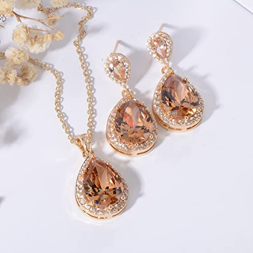 Bridal Jewelry Set for Wedding - 18k Plated Teardrop CZ Crystal Cubic Zirconia Rhinestone Necklace Earrings Set for Bride Bridesmaids Mother of Bride Party Prom Birthstone Costume Jewelry - color: Nov-Citrine