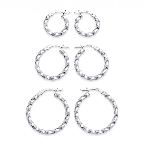 Charmsy Set of 3 Pairs 925 Sterling Silver Hoop Earrings for Women | Lightweight Italian 2.5mm Tube Diamond-Cut Classic Texured Click-Top Hoops Earring | Size 12/13/15/18/20/25mm - color: Twist-15/20/25mm