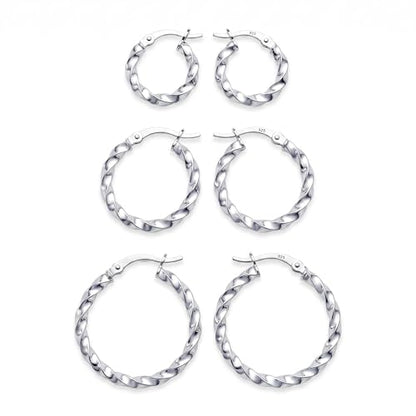 Charmsy Set of 3 Pairs 925 Sterling Silver Hoop Earrings for Women | Lightweight Italian 2.5mm Tube Diamond-Cut Classic Texured Click-Top Hoops Earring | Size 12/13/15/18/20/25mm - color: Twist-15/20/25mm