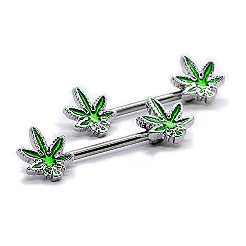 14G Nipple Piercing Surgical Stainless-Steel Set of 2 Barbell Marijuana Weed Cute Nipple Rings Nipple Piercing Jewelry for Women - 9/16" Barbell