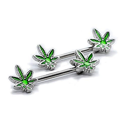 14G Nipple Piercing Surgical Stainless-Steel Set of 2 Barbell Marijuana Weed Cute Nipple Rings Nipple Piercing Jewelry for Women - 9/16" Barbell