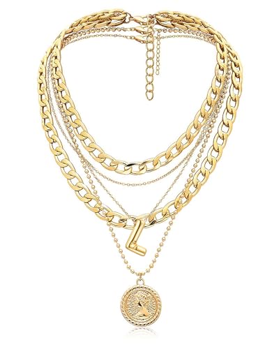 MJartoria Layered Necklaces for Women Trendy Balloon Initial Coin Pendant Necklace Dainty Chunky Chain Choker Necklaces Jewelry Birthday Gifts - color: Gold, style: L