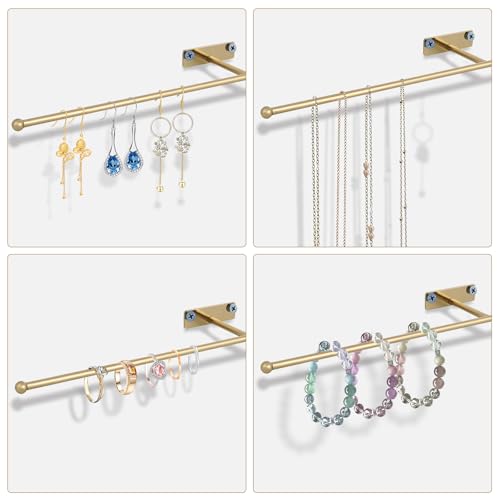 2-Pack Wall Hanging Jewelry Organizer, 14.5" Necklace Holder, Gold | For earrings, rings, bracelets, hairbands, glasses, space saving wall display, screws included - color: Gold