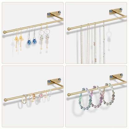 2-Pack Wall Hanging Jewelry Organizer, 14.5" Necklace Holder, Gold | For earrings, rings, bracelets, hairbands, glasses, space saving wall display, screws included - color: Gold