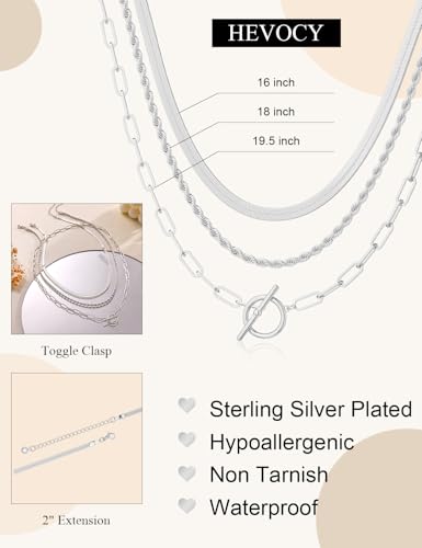 Layered Toggle Necklace for Women, 3-Chain Stack | Gold/Silver-plated necklace set with paperclip, rope, and herringbone chains plus a toggle clasp for daily wear and parties - color: Silver