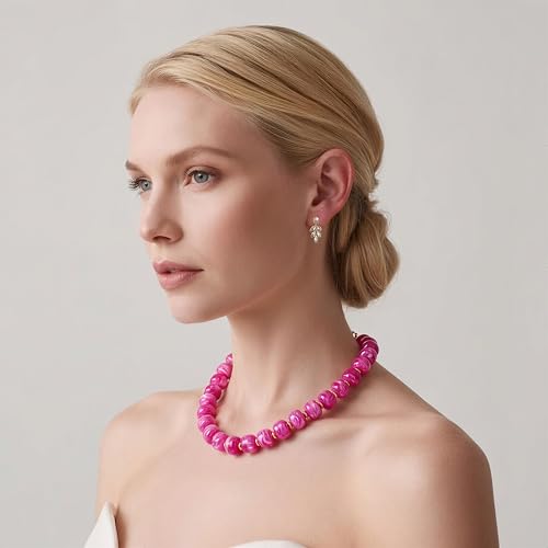 Chunky Beaded Necklace for Women, Colorful Boho Statement Necklace, Gold Chunky Resin Large Bead Necklace, Waterproof Summer Beach Jewelry Gifts for Women - color: Magenta
