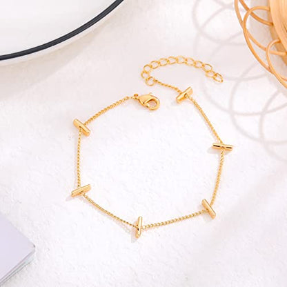 Womens Dainty Gold Chain Bracelet,Simple Layered Chain Bracelets,Beaded Turquoise Bracelet,Charm Crystal Bar,Heart,Karma,Triangle,Pearl Bracelets for Women - color: Bars