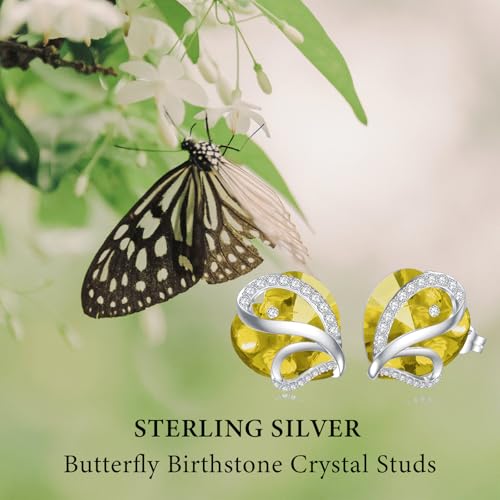 Butterfly Heart Birthstone Crystal Stud Earrings for Women S925 Sterling Silver Heart Birthstone Studs Birthday Gifts for Wife Mother Daughter Girlfriend Mom - color: 11-November