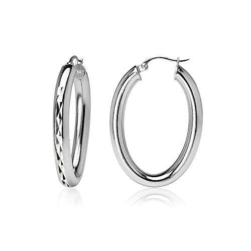 Hoops & Loops 925 Sterling Silver 4mm Thick Oval Diamond-Cut Hoop Earrings, 25mm 30mm, Silver, Yellow Gold, Rose Gold & Black - color: Silver 25mm-1''