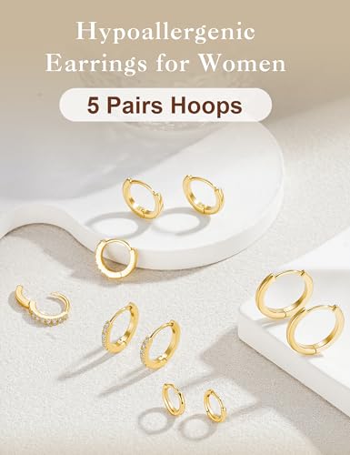 Turandoss 5 Pairs Gold Huggie Hoop Earrings for Women | Dainty Small Hoop Earring Stacks, Cartilage, Multiple Piercing, 14K Gold Plated, Hypoallergenic - color: Gold Hoop