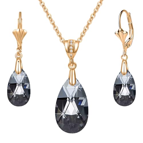 Austrian Crystals Teardrop Pendant Necklace Earrings for Women 14K Gold Plated Hypoallergenic Leverback Drop Dangle Earrings Jewelry Set - color: Black