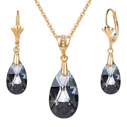 Austrian Crystals Teardrop Pendant Necklace Earrings for Women 14K Gold Plated Hypoallergenic Leverback Drop Dangle Earrings Jewelry Set - color: Black