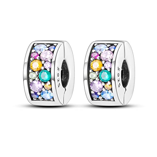 Parmuz Clip Spacer Charm for Bracelet 925 Sterling Silver Stopper Beads | Pave Lock Stopper Charm for Necklace Pink Daisy Butterfly Cubic Zirconia Openable Beads Jewelry Gift for Woman - color: Colorful zircon clip 2pcs