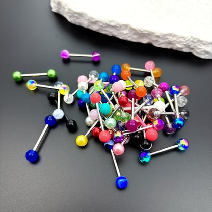 48Pcs 14G Surgical Stainless Steel Tongue Rings Tongue Piercing Jewelry | Straight Tongue Barbells Bars for Women Glow in Dark Candy Cute Color Tongue Ring 16mm
