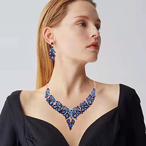 Jewelry Set for Women, Statement Necklace Dangle Earrings Bracelet Ring, White/KC Gold Plated Jewelry Set with Rhinestone Pearl Crystal Wedding Party Jewelry for Bridal Bridesmaid - color: Deep Blue-Platinum Plated