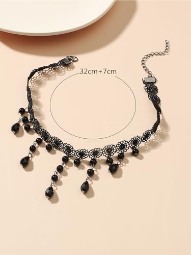 Lace Choker Necklace for Women Tassel Pendant Choker Necklaces Elegant Boho Collar Necklaces Statement Artistic Chain Necklace with Pearl Halloween Party Cosplay Costume Jewelry - color: Black Beads-1