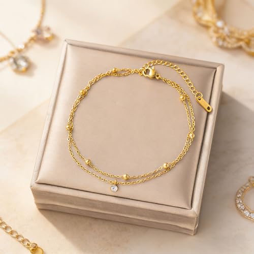 PICNHUAN Gold/Silver Ankle Bracelets for Women 14K Gold Plated Women's Anklets Silver Cuban Chain Anklet Waterproof Stainless Steel Anklet Summer Beach Foot Chain Jewelry Gifts for Women - color: Gold/Two-layer bead chain