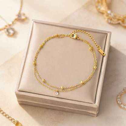 PICNHUAN Gold/Silver Ankle Bracelets for Women 14K Gold Plated Women's Anklets Silver Cuban Chain Anklet Waterproof Stainless Steel Anklet Summer Beach Foot Chain Jewelry Gifts for Women - color: Gold/Two-layer bead chain